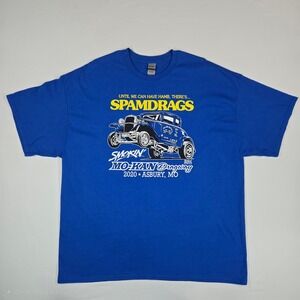 Smokin Mo-Kan Dragway Spamdrags Graphic T-Shirt Mens 2XL Blue Racing Tee